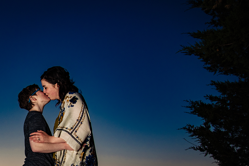 Sunset portraits of same-sex couple, two brides during their Great Falls engagement photos by Potok's World Photography, engagement photographers in Maryland