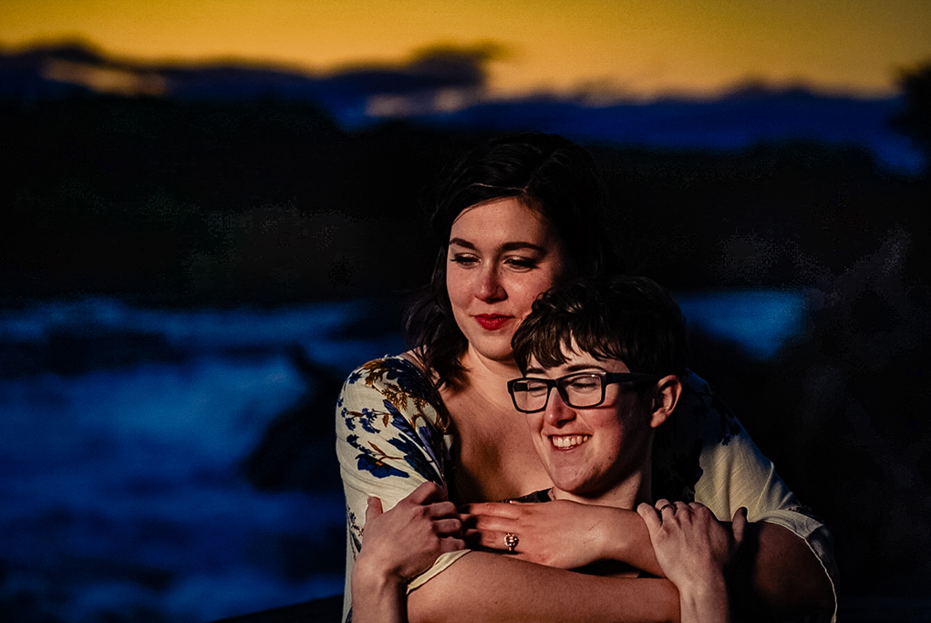 Portrait of two-brides-to-be during sunset at the Great Falls engagement photos by Potok's World Photography, engagement photographers in Maryland.