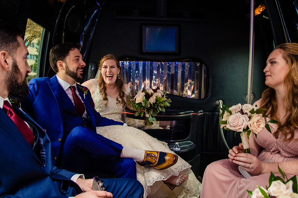 Bride and groom with their bridal party on the way to the Omni Shoreham Hotel by DC wedding photographers Potok's World Photography