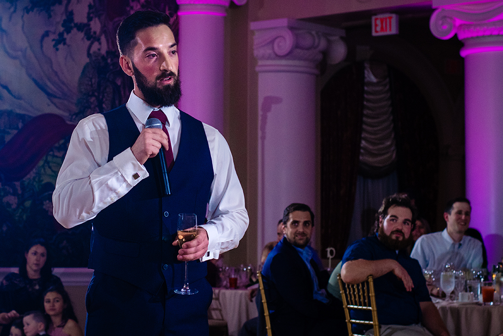 Best man giving a speech at the wedding reception of the Omni Shoreham DC wedding by DC wedding photographers Potok's World Photography