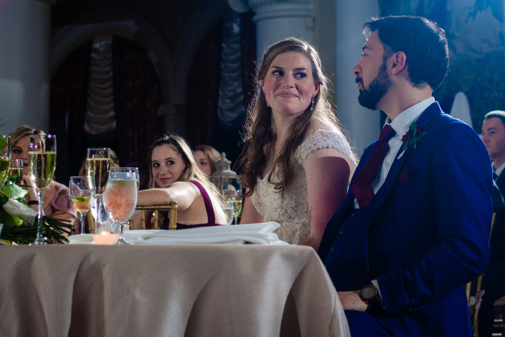 Moment between the bride and groom during the speeches at the wedding reception at the Omni Shoreham DC wedding by DC wedding photographers Potok's World Photography