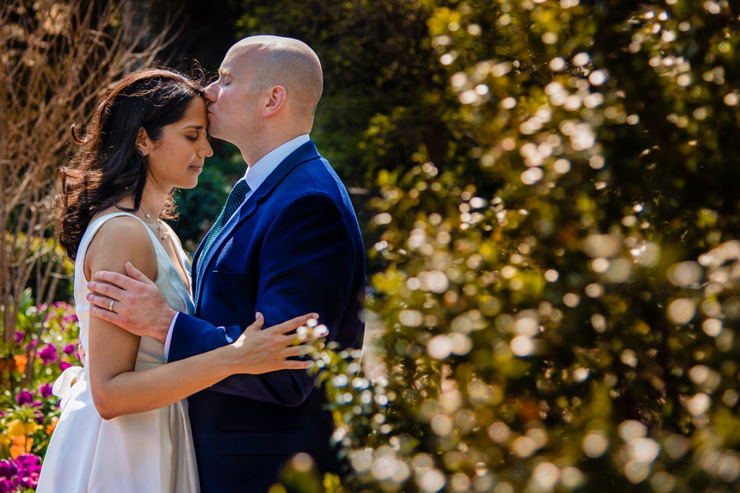 Intimate weddings during coronavirus with outdoor photos of bride and groom at the National Cathedral in Washington DC by Potok's World Photography