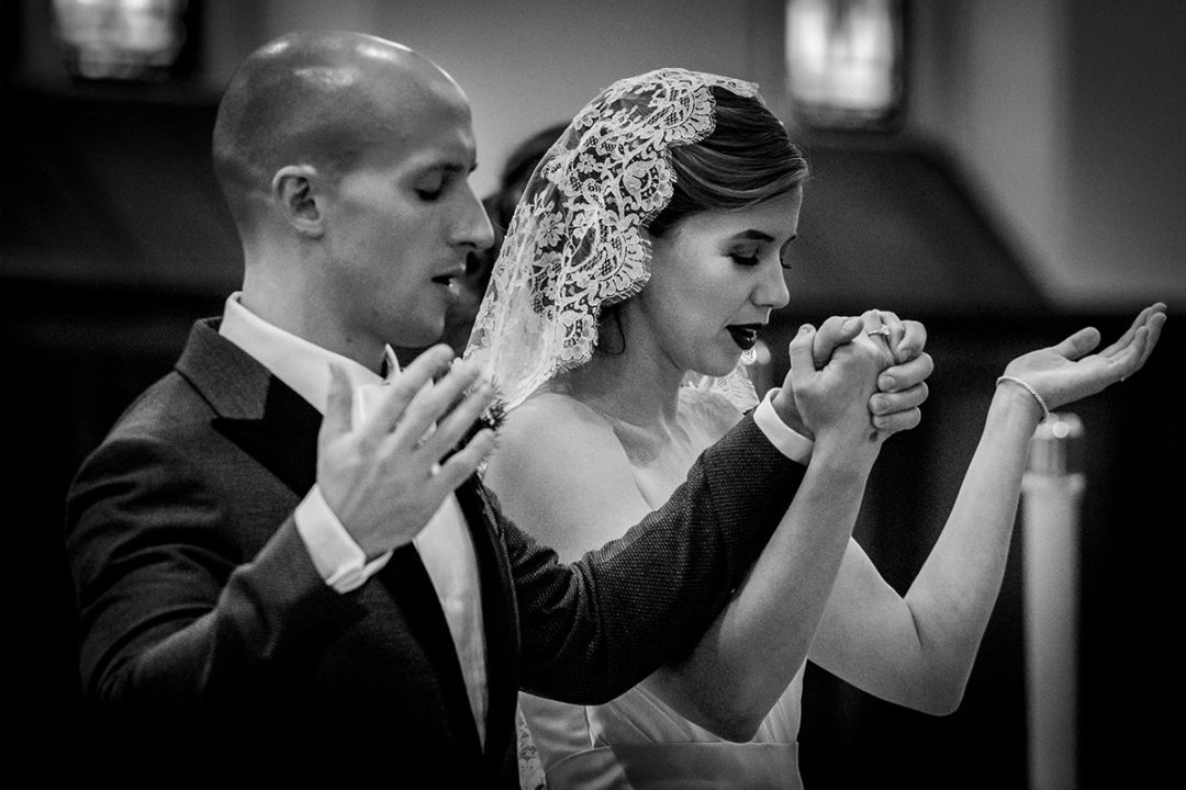 Church wedding ceremony bride and groom at St. James in Virginia by DC wedding photographers of Potok's World Photography