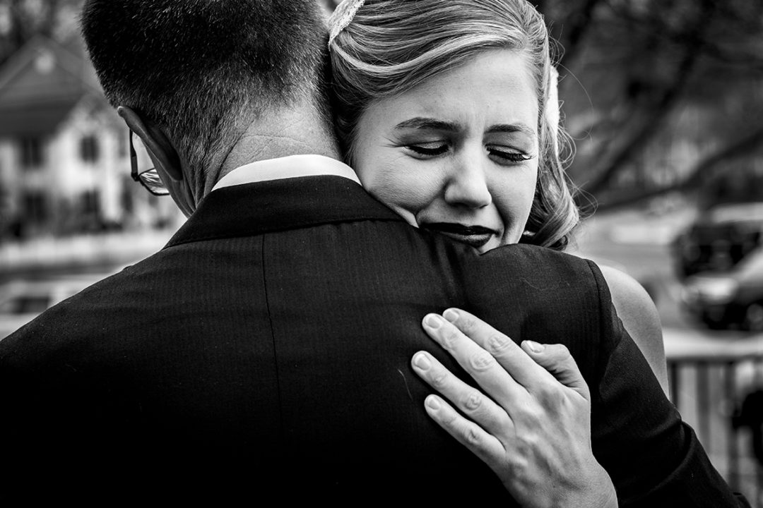 Bride first look with dad before church ceremony at St. James in Alexandria by DC wedding photographers Potok's World Photography