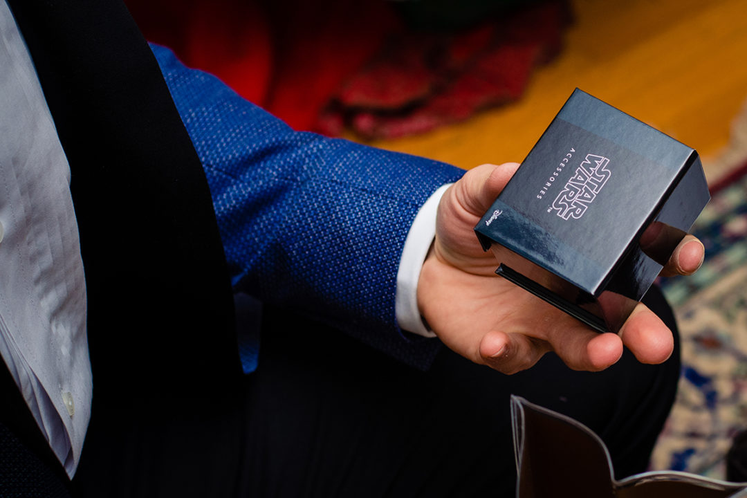 Star Wars cufflinks gift for the groom given to him by his bride photographed by Potok's World Photography, DC wedding photographers