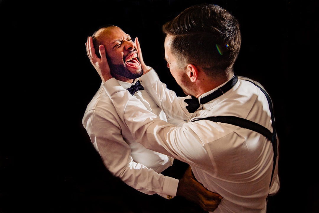 Wedding day timeline: LGBTQ couple dancing during wedding reception at Algonkian Golf Club by DC wedding photographers of Potok's World Photography