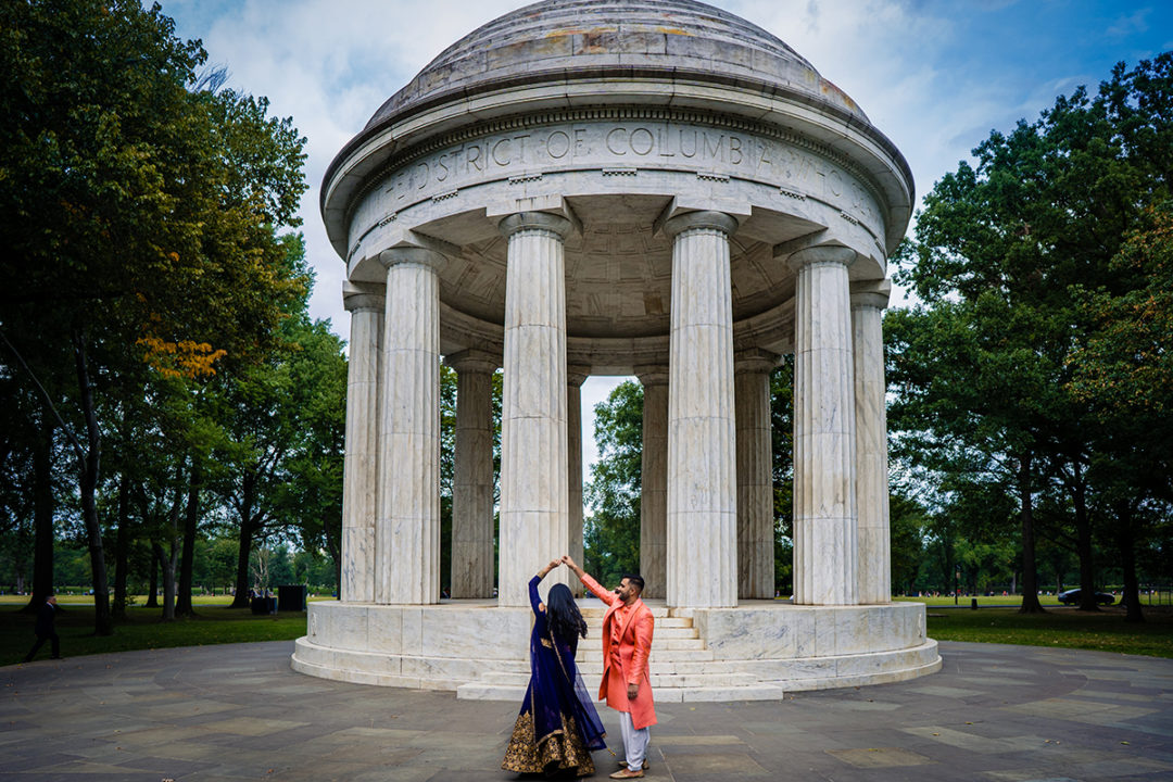 Indian couple's portrait at the DC War Memorial by DC wedding photographers of Potok's World Photography