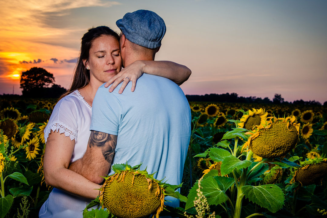 Sunset poses during sunflower field engagement photos by DC wedding photographers of Potok's World photography