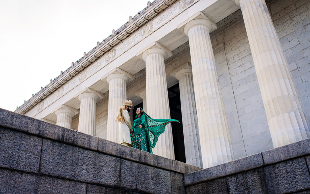 Creative south-asian bride and groom portraits at the Lincoln Memorial by DC wedding photographer of Potok's World Photography