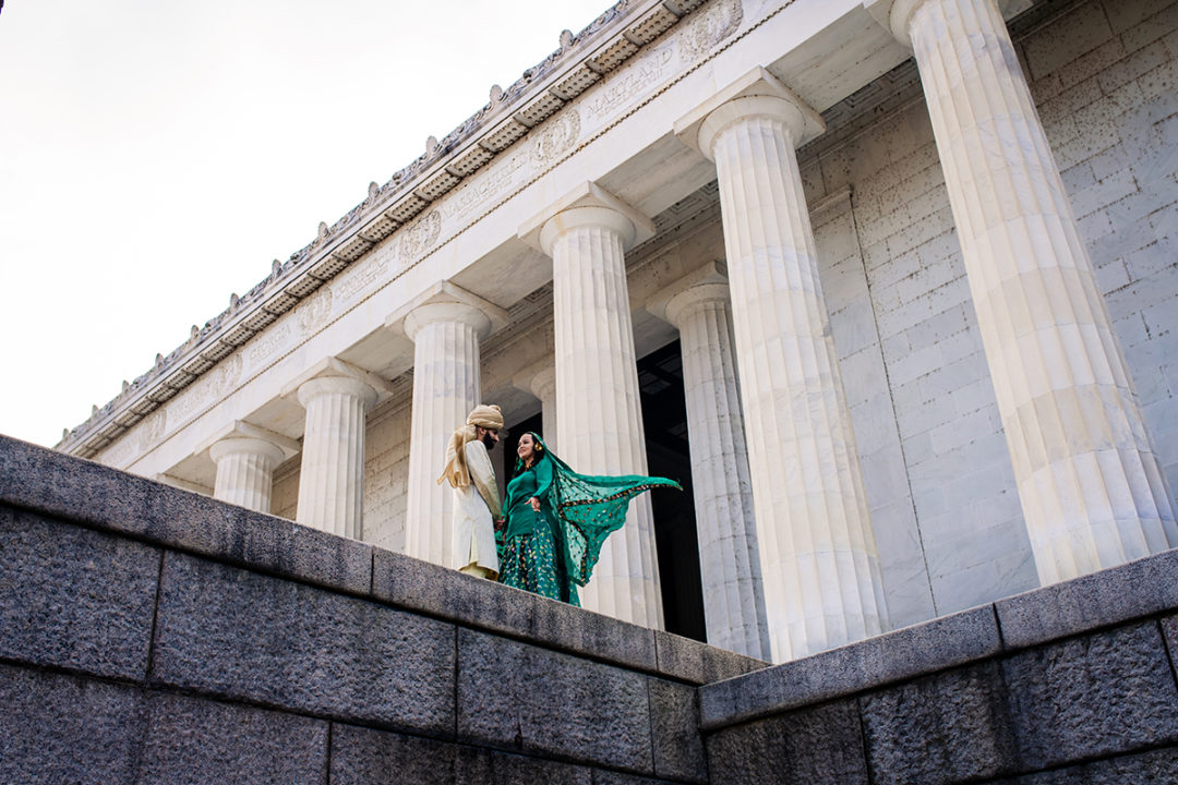 Creative south-asian bride and groom portraits at the Lincoln Memorial by DC wedding photographer of Potok's World Photography