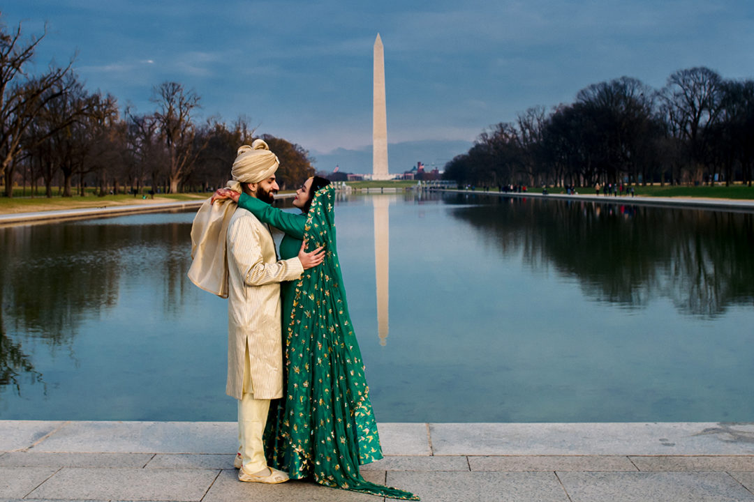 Creative south-asian bride and groom portraits at the reflecting pool by DC wedding photographer of Potok's World Photography