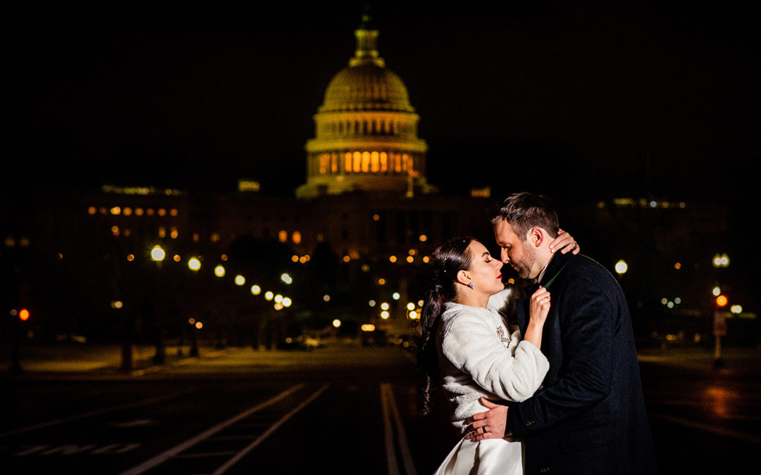 Nighttime Bride and groom portrait in front of the Capitol Building by DC wedding photographers of Potok's World Photography