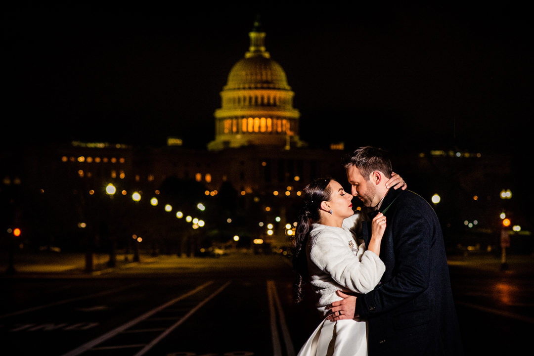 Nighttime Bride and groom portrait in front of the Capitol Building by DC wedding photographers of Potok's World Photography