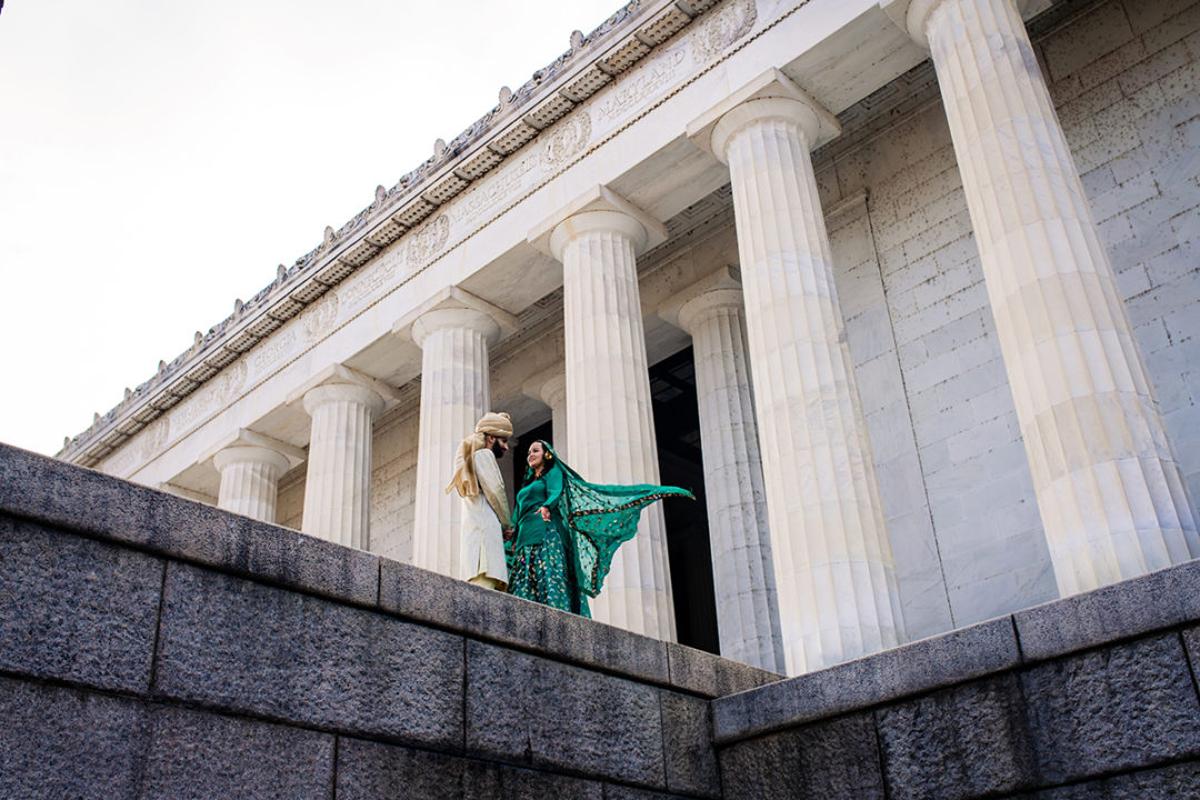 Bride and groom portrait at the Lincoln Memorial by DC wedding photographers of Potok's World Photography