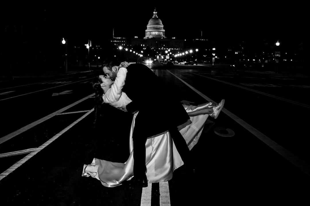 Nighttime Bride and groom portrait in front of the Capitol Building by DC wedding photographers of Potok's World Photography