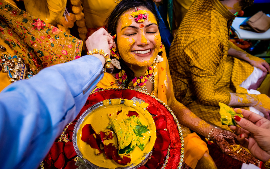 Bride at her Haldi ceremony in northern Virginia by DC wedding photographers of Potok's World Photography