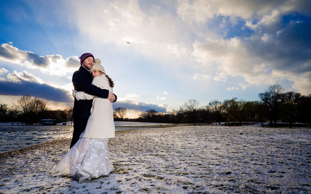 Grant Circle Washington DC snow wedding photos of bride and groom by Potok's World Photography