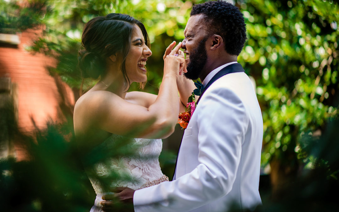 Couple's portraits of the bride and groom before their ceremony and after their first look at The Refinery in Virginia by DC wedding photographer of Potok's World Photography