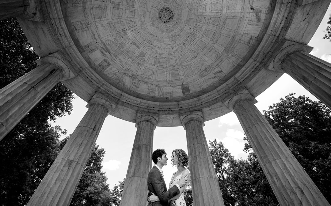 Bride and Groom couple's portrait at intimate wedding ceremony at the DC War Memorial by best DC wedding photographer of Potok's World Photography