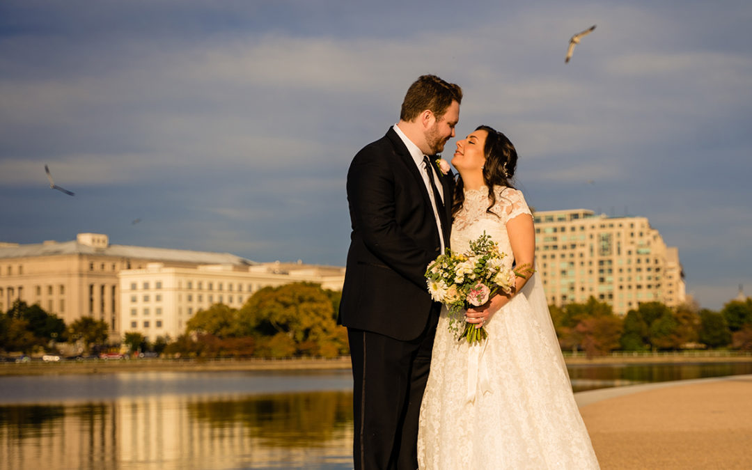 Wedding portraits of the bride and groom at the Tidal Basin by DC wedding photographers of Potok's World Photography