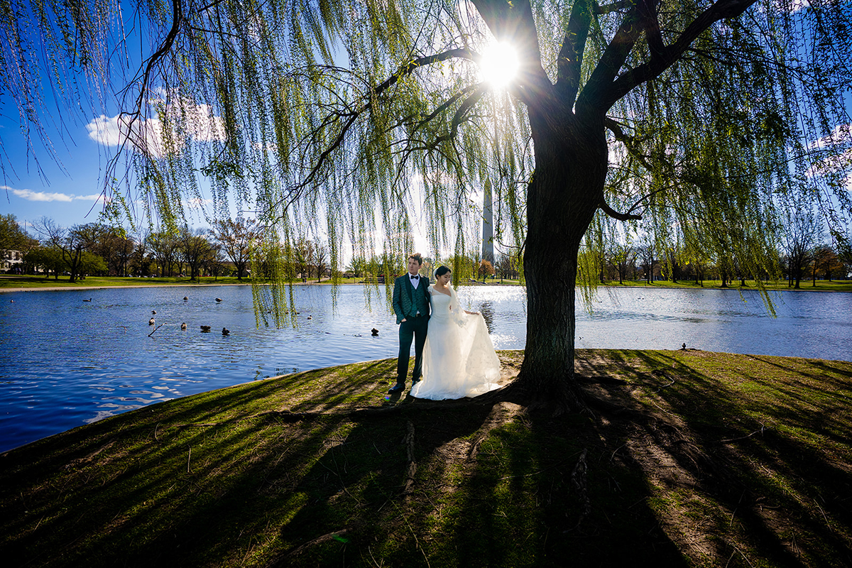 Bride and groom wedding portrait at the Constitution Garden in Washington DC by Potok's World Photography