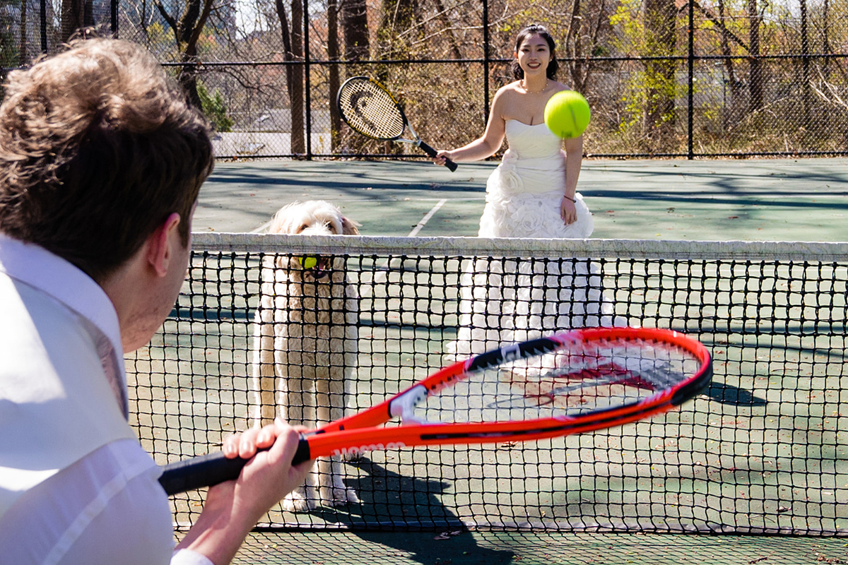 Dunn Loring Park in Fairfax Virginia wedding portraits of bride and groom with their dog by DC wedding photographers of Potok's World Photography