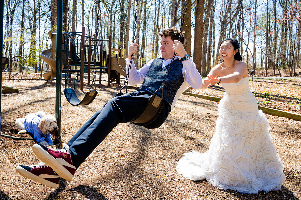 Dunn Loring Park in Fairfax Virginia wedding portraits of bride and groom with their dog by DC wedding photographers of Potok's World Photography