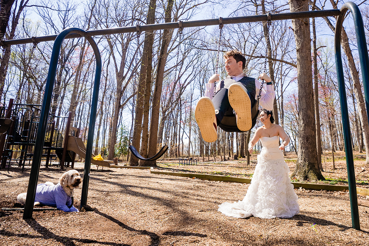 Dunn Loring Park in Fairfax Virginia wedding portraits of bride and groom with their dog by DC wedding photographers of Potok's World Photography