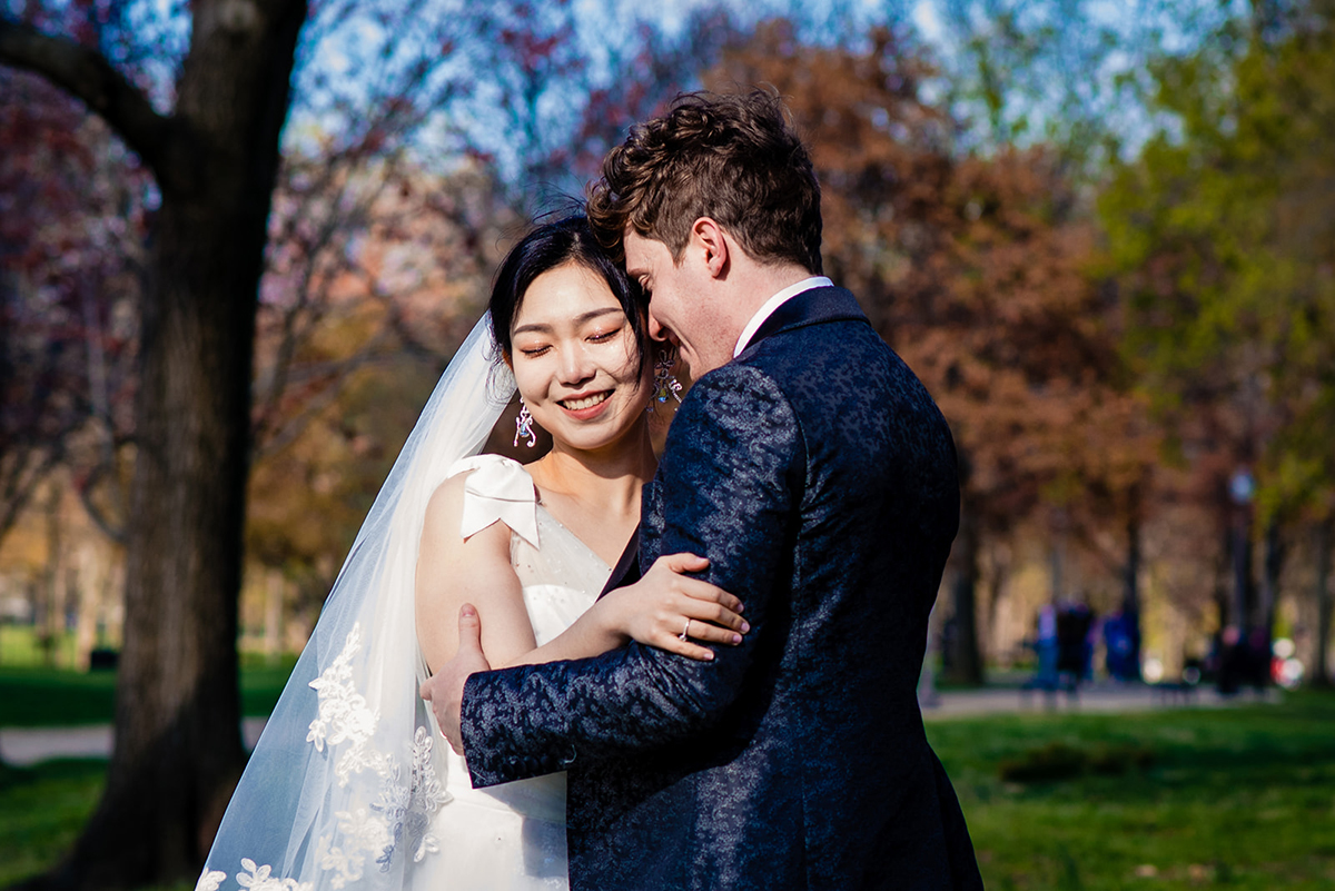 National Mall DC Spring Cherry Blossom bride and groom wedding portraits by DC wedding photographers of Potok's World Photography