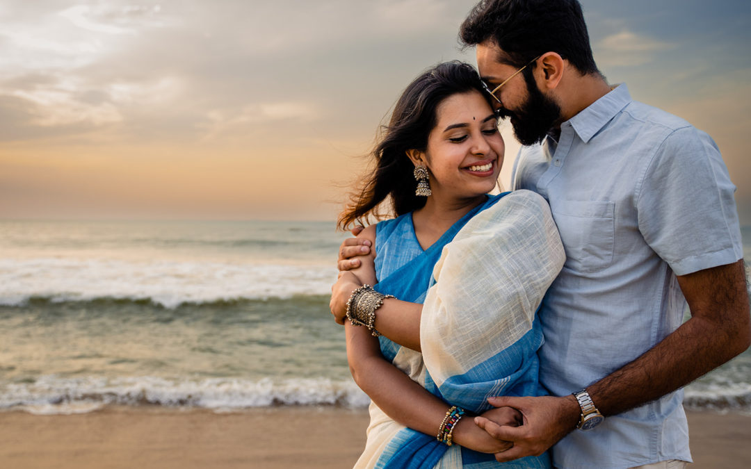 sunrise engagement session at Elliot's Beach in Chennai by Potok's World Photography