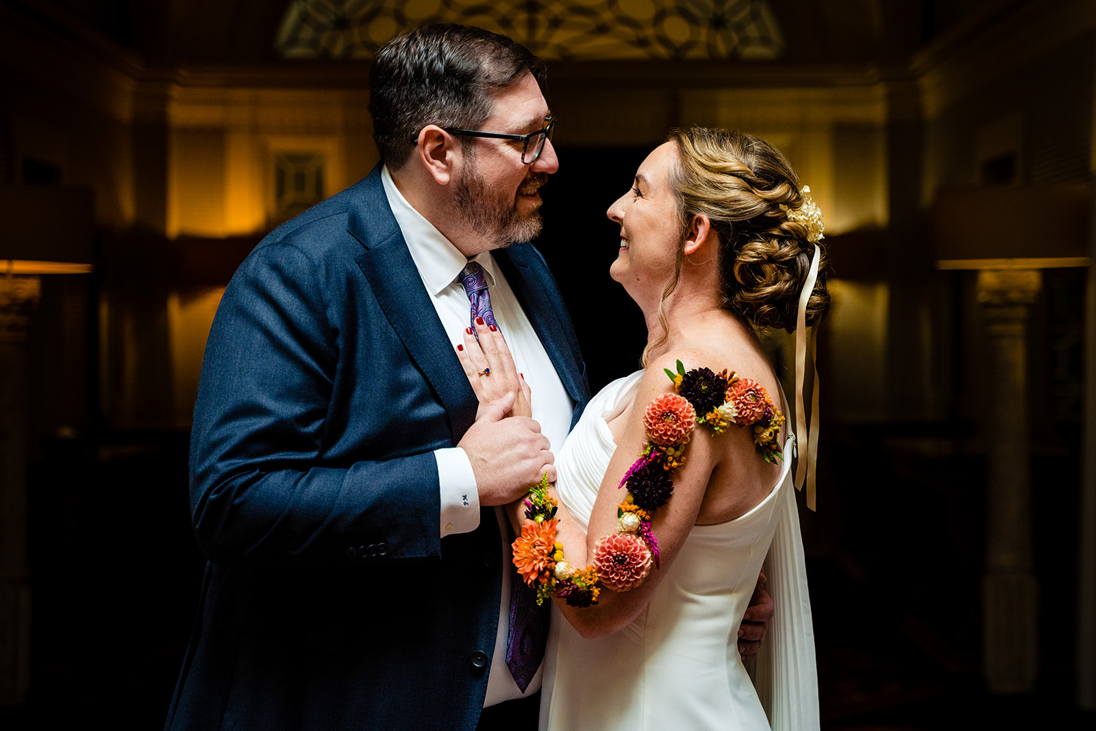 Bride and groom couple's portraits before the ceremony at the Kimpton Hotel Monaco in the Nation's Capital by DC wedding photographers of Potok's World Photography