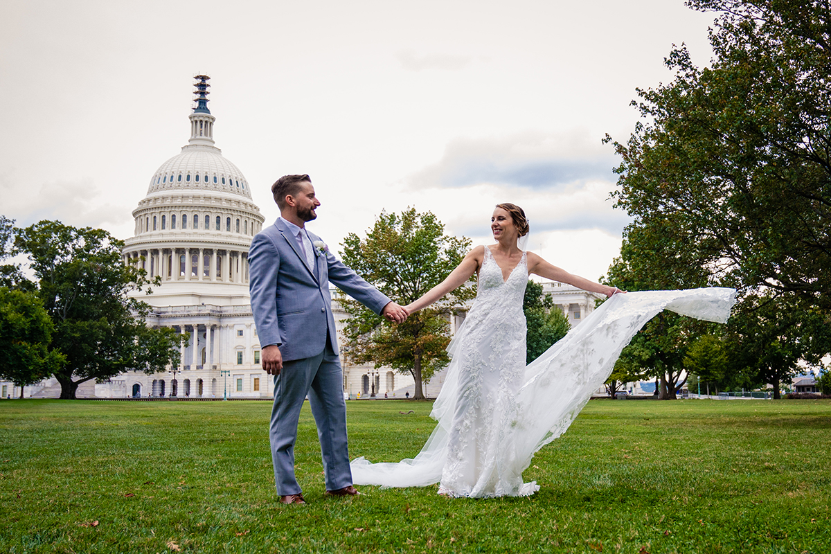 Post wedding ceremony bride and groom couple's portraits in front of the US Capitol in Washington DC by Potok's World Photography